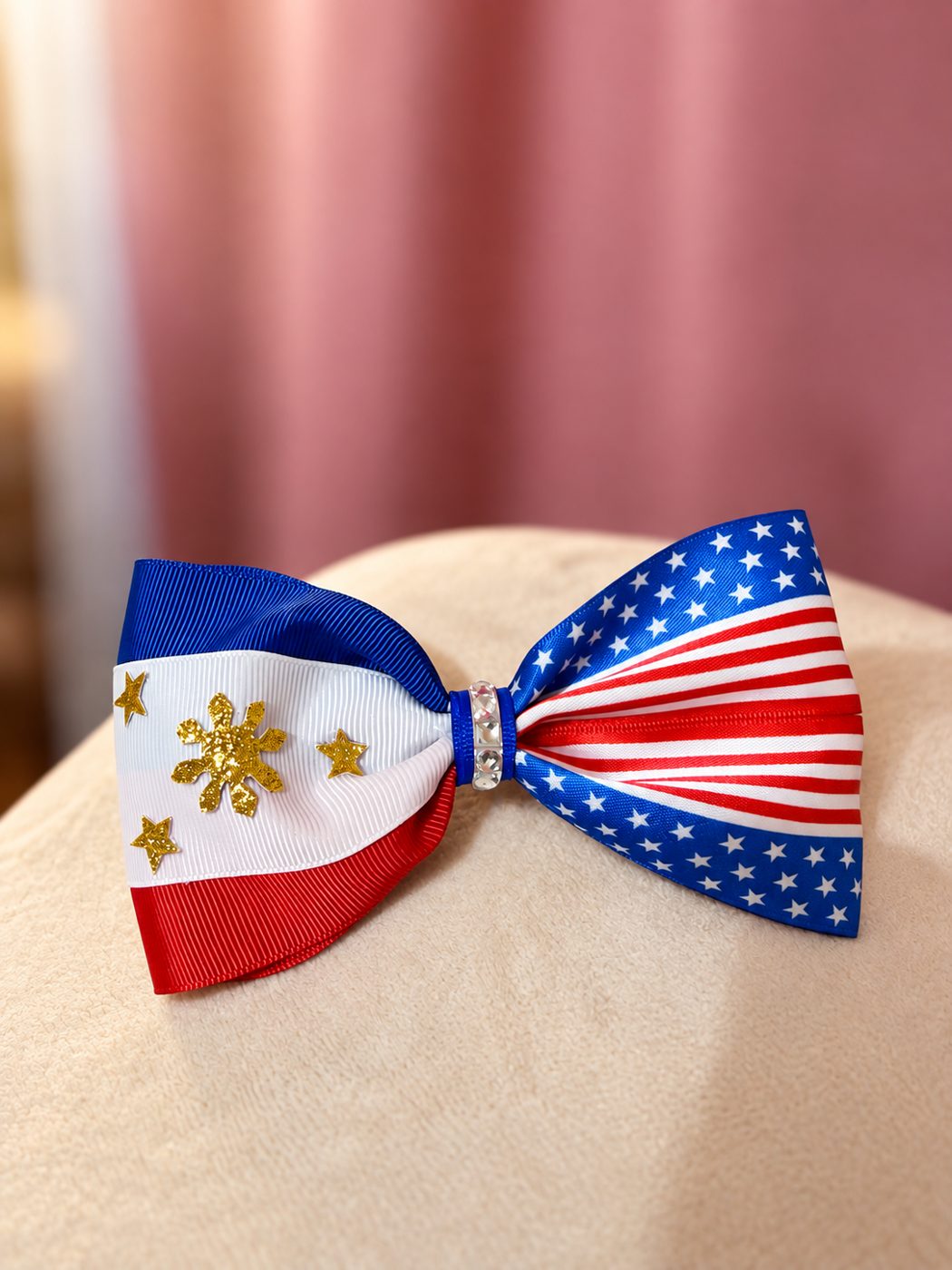Filipino and US flag bow with rhinestone center