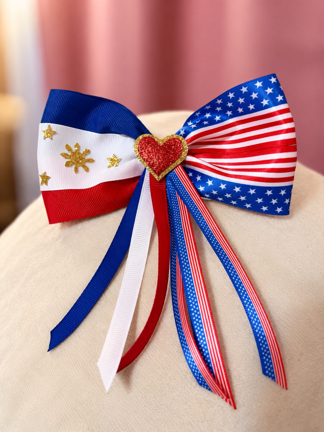 Filipino and US flag bow with heart and streamers